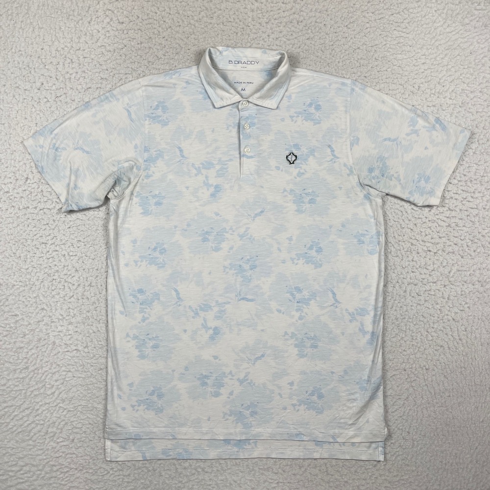 B Draddy Polo Shirt Mens M Blue Floral Pima Cotton Blend Golf Preppy Coastal